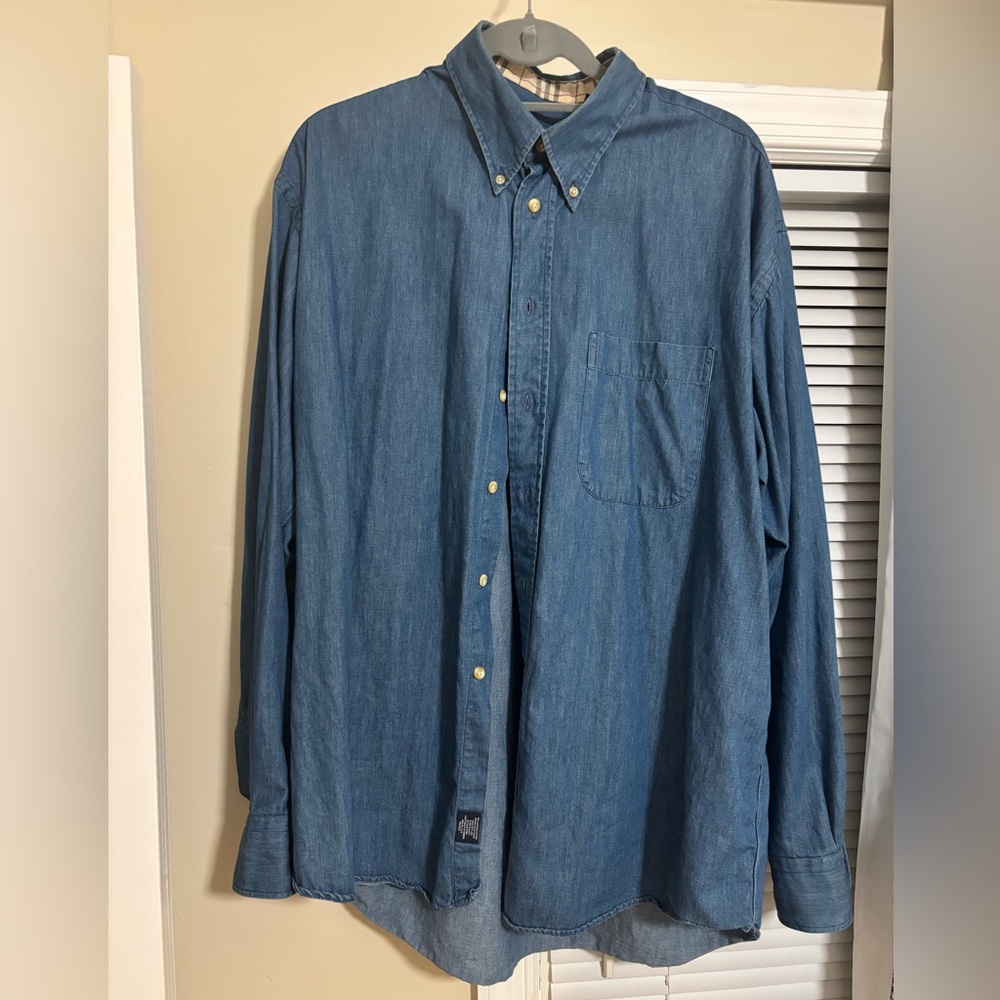 Burberry Denim Blue Shirt with Tan Plaid Accent
